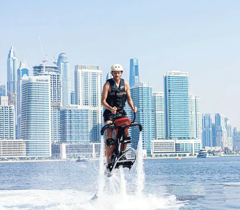 Rider taking flight on a Jetovator above the waters of Dubai